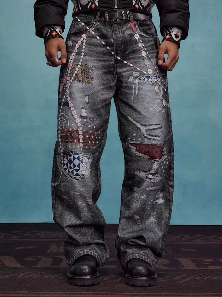 YADcrew x MEDM 3D Cloth Patch Chain Distressed Digital Print Jeans