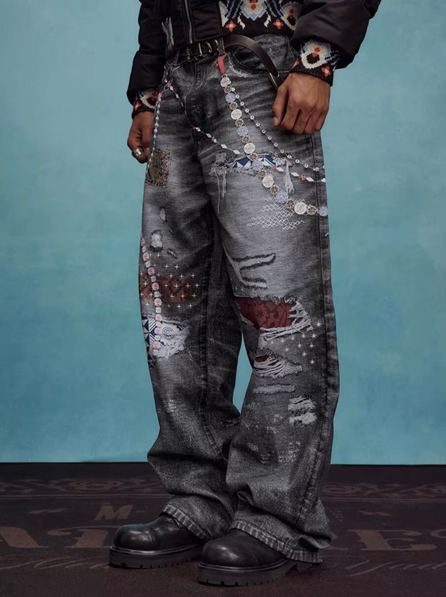 YADcrew x MEDM 3D Cloth Patch Chain Distressed Digital Print Jeans | Face 3 Face