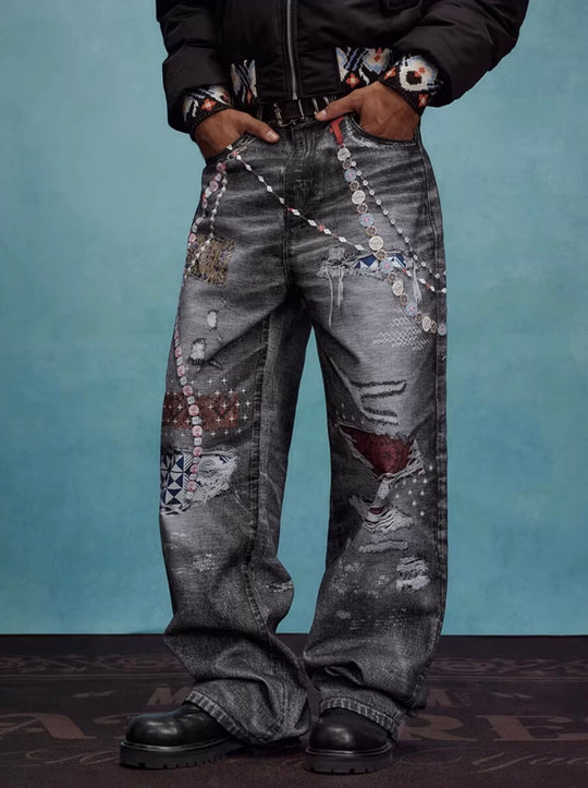 YADcrew x MEDM 3D Cloth Patch Chain Distressed Digital Print Jeans | Face 3 Face