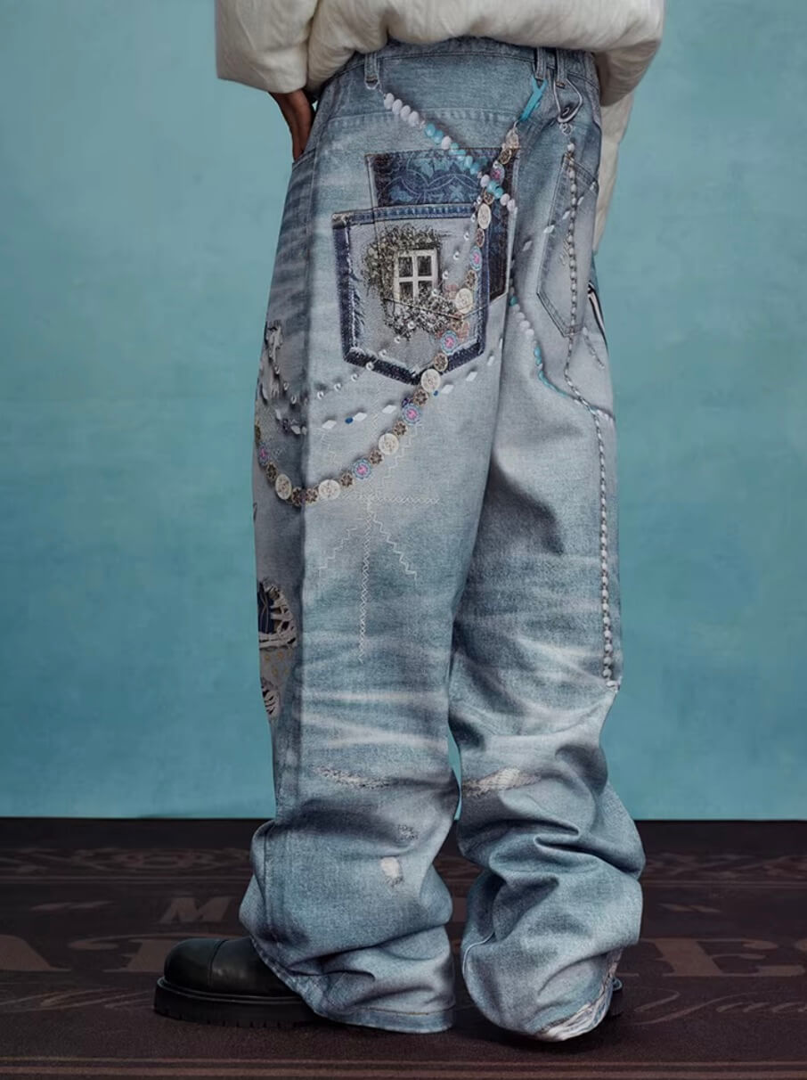 YADcrew x MEDM 3D Cloth Patch Chain Distressed Digital Print Jeans | Face 3 Face