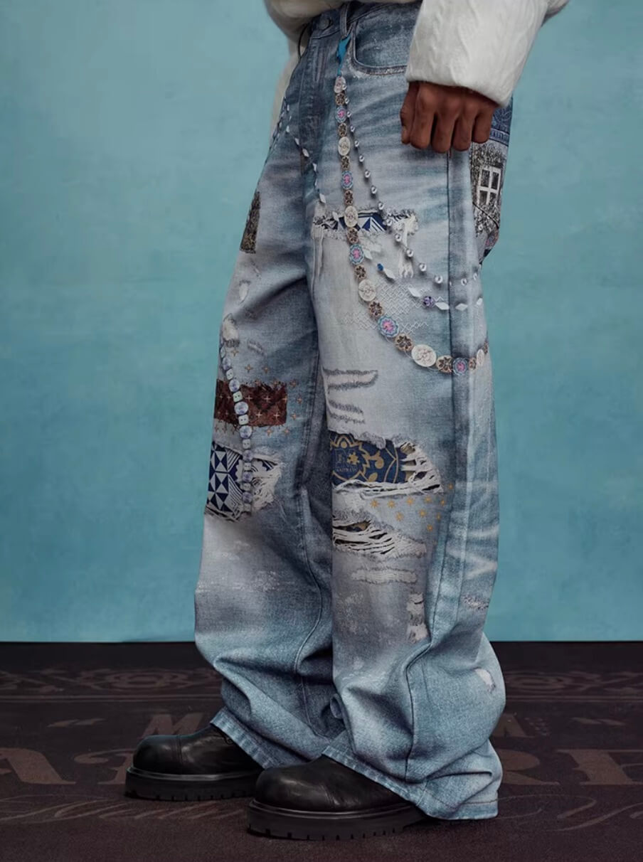 YADcrew x MEDM 3D Cloth Patch Chain Distressed Digital Print Jeans | Face 3 Face