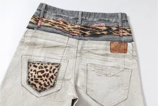 YADcrew Leopard Belt Double Waist 3D Digital Print Machete Jeans | Face 3 Face