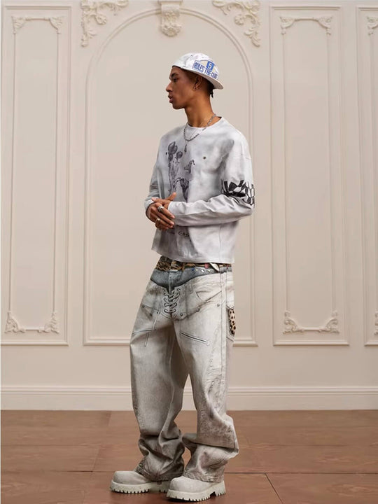 YADcrew Leopard Belt Double Waist 3D Digital Print Machete Jeans | Face 3 Face