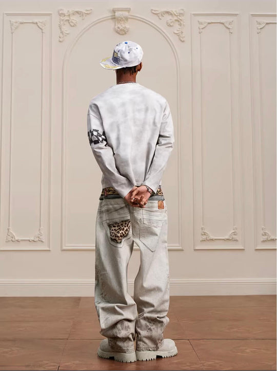 YADcrew Leopard Belt Double Waist 3D Digital Print Machete Jeans | Face 3 Face