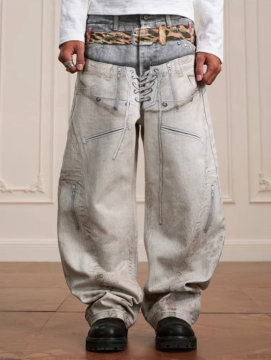 YADcrew Leopard Belt Double Waist 3D Digital Print Machete Jeans | Face 3 Face