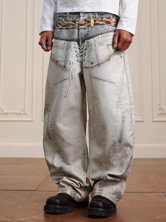 YADcrew Leopard Belt Double Waist 3D Digital Print Machete Jeans | Face 3 Face