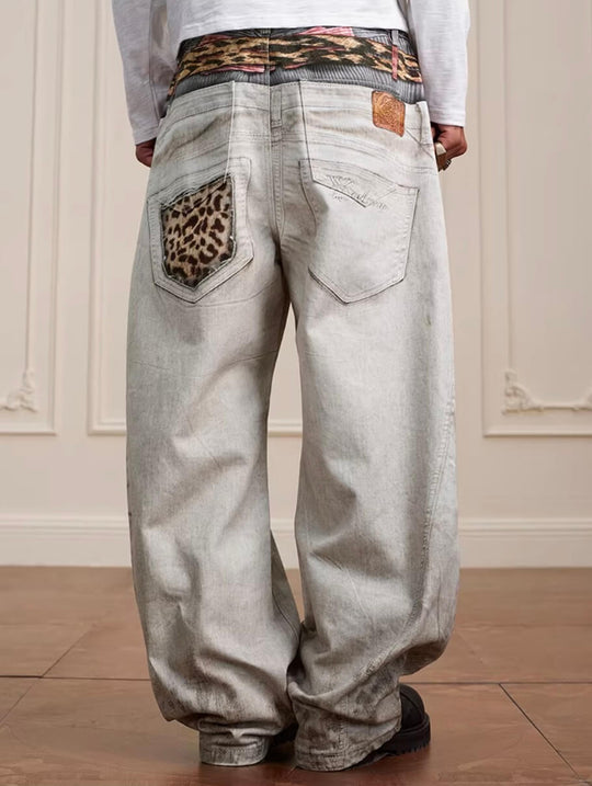 YADcrew Leopard Belt Double Waist 3D Digital Print Machete Jeans | Face 3 Face