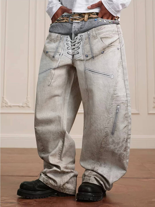 YADcrew Leopard Belt Double Waist 3D Digital Print Machete Jeans | Face 3 Face