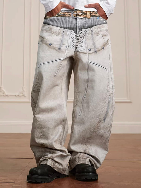 YADcrew Leopard Belt Double Waist 3D Digital Print Machete Jeans | Face 3 Face