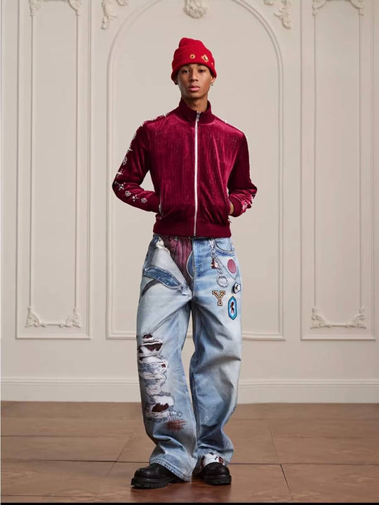 YADcrew 3D Digital Print Patch Embroidered Jeans | Face 3 Face