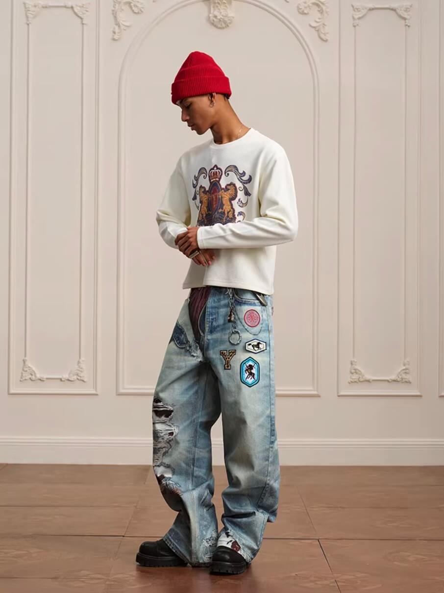 YADcrew 3D Digital Print Patch Embroidered Jeans | Face 3 Face