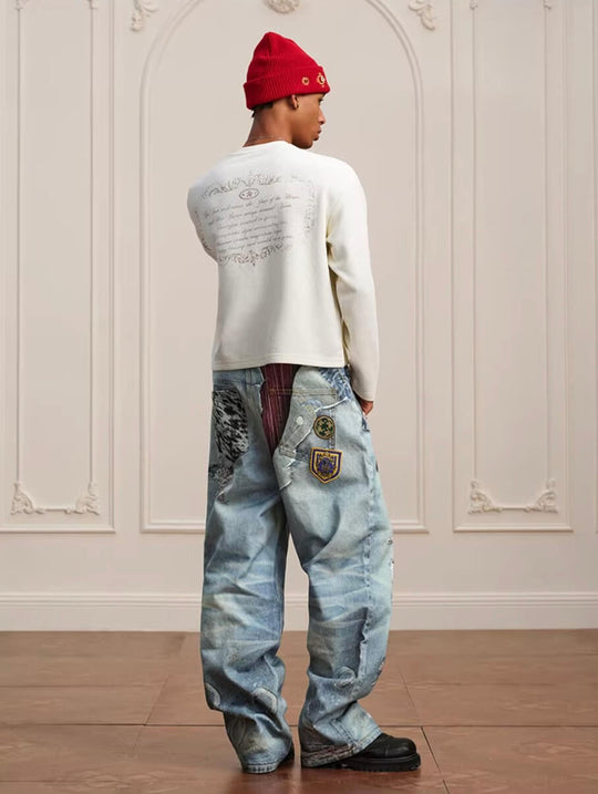 YADcrew 3D Digital Print Patch Embroidered Jeans | Face 3 Face