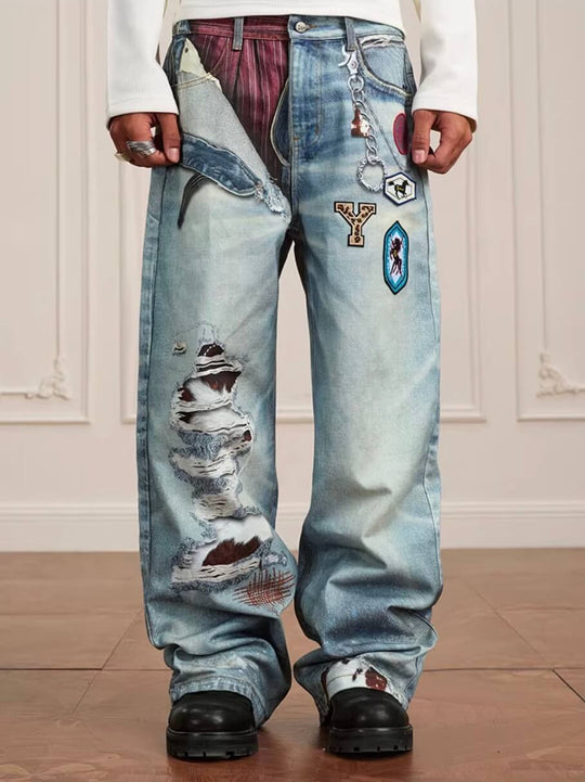 YADcrew 3D Digital Print Patch Embroidered Jeans | Face 3 Face