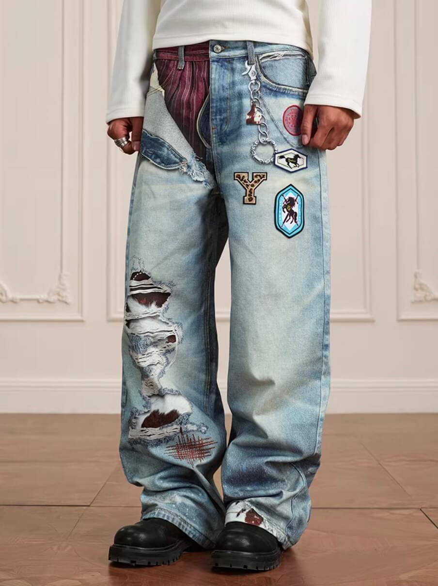 YADcrew 3D Digital Print Patch Embroidered Jeans | Face 3 Face