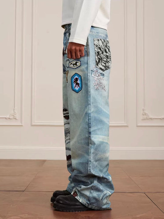 YADcrew 3D Digital Print Patch Embroidered Jeans | Face 3 Face