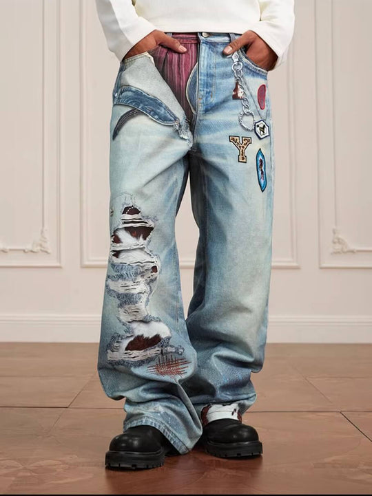 YADcrew 3D Digital Print Patch Embroidered Jeans | Face 3 Face