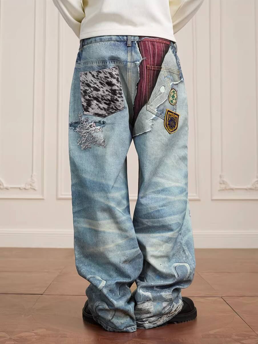 YADcrew 3D Digital Print Patch Embroidered Jeans | Face 3 Face