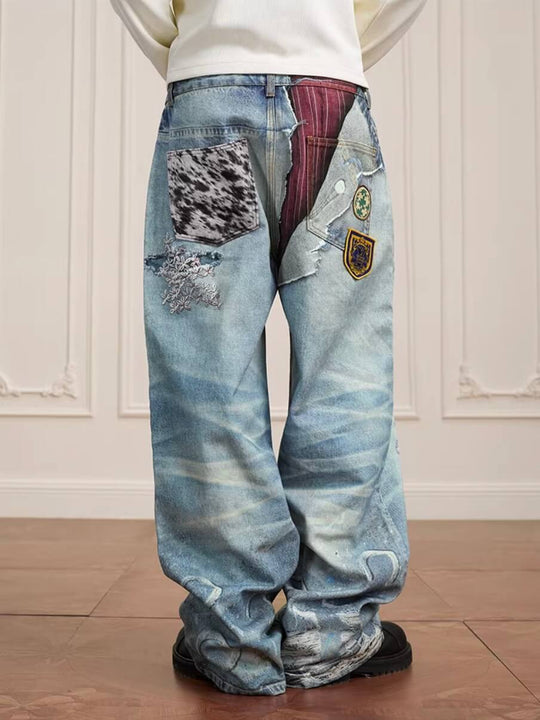 YADcrew 3D Digital Print Patch Embroidered Jeans | Face 3 Face