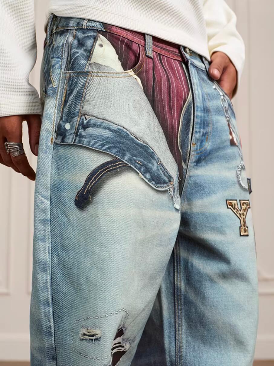 YADcrew 3D Digital Print Patch Embroidered Jeans | Face 3 Face