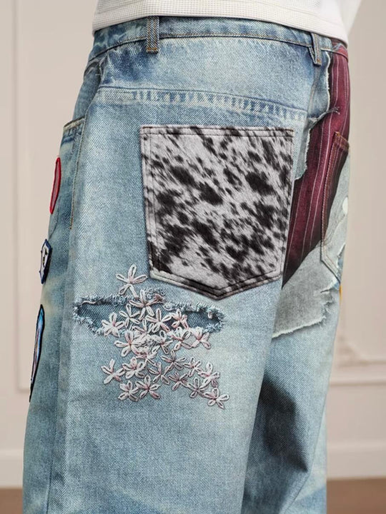 YADcrew 3D Digital Print Patch Embroidered Jeans | Face 3 Face