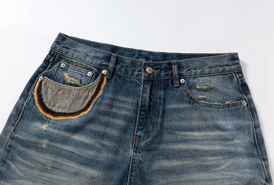 YADcrew Scorched Embroidery Washed Distressed Whisker Jeans | Face 3 Face