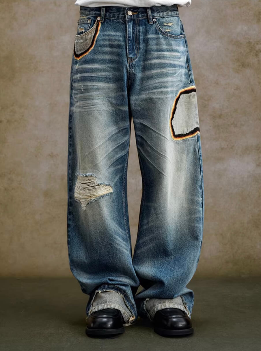 YADcrew Scorched Embroidery Washed Distressed Whisker Jeans | Face 3 Face