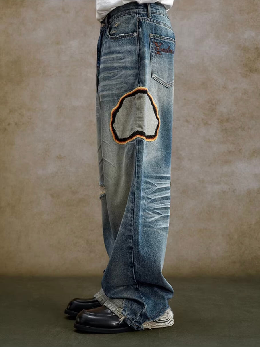 YADcrew Scorched Embroidery Washed Distressed Whisker Jeans | Face 3 Face