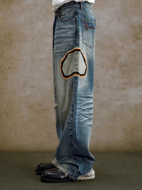 YADcrew Scorched Embroidery Washed Distressed Whisker Jeans | Face 3 Face