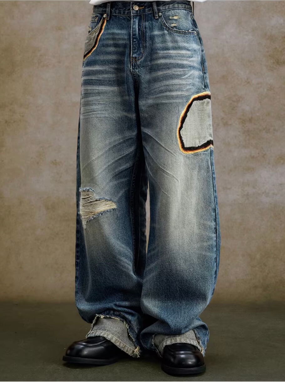 YADcrew Scorched Embroidery Washed Distressed Whisker Jeans | Face 3 Face