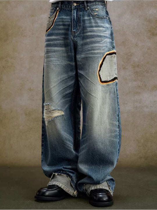 YADcrew Scorched Embroidery Washed Distressed Whisker Jeans | Face 3 Face