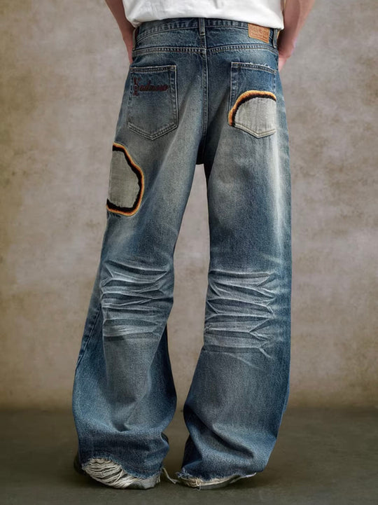 YADcrew Scorched Embroidery Washed Distressed Whisker Jeans | Face 3 Face