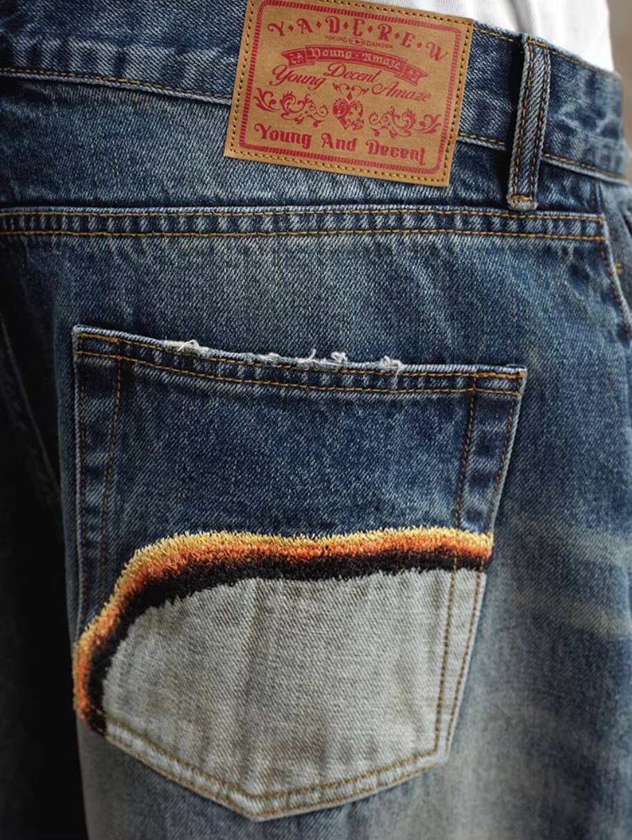 YADcrew Scorched Embroidery Washed Distressed Whisker Jeans | Face 3 Face