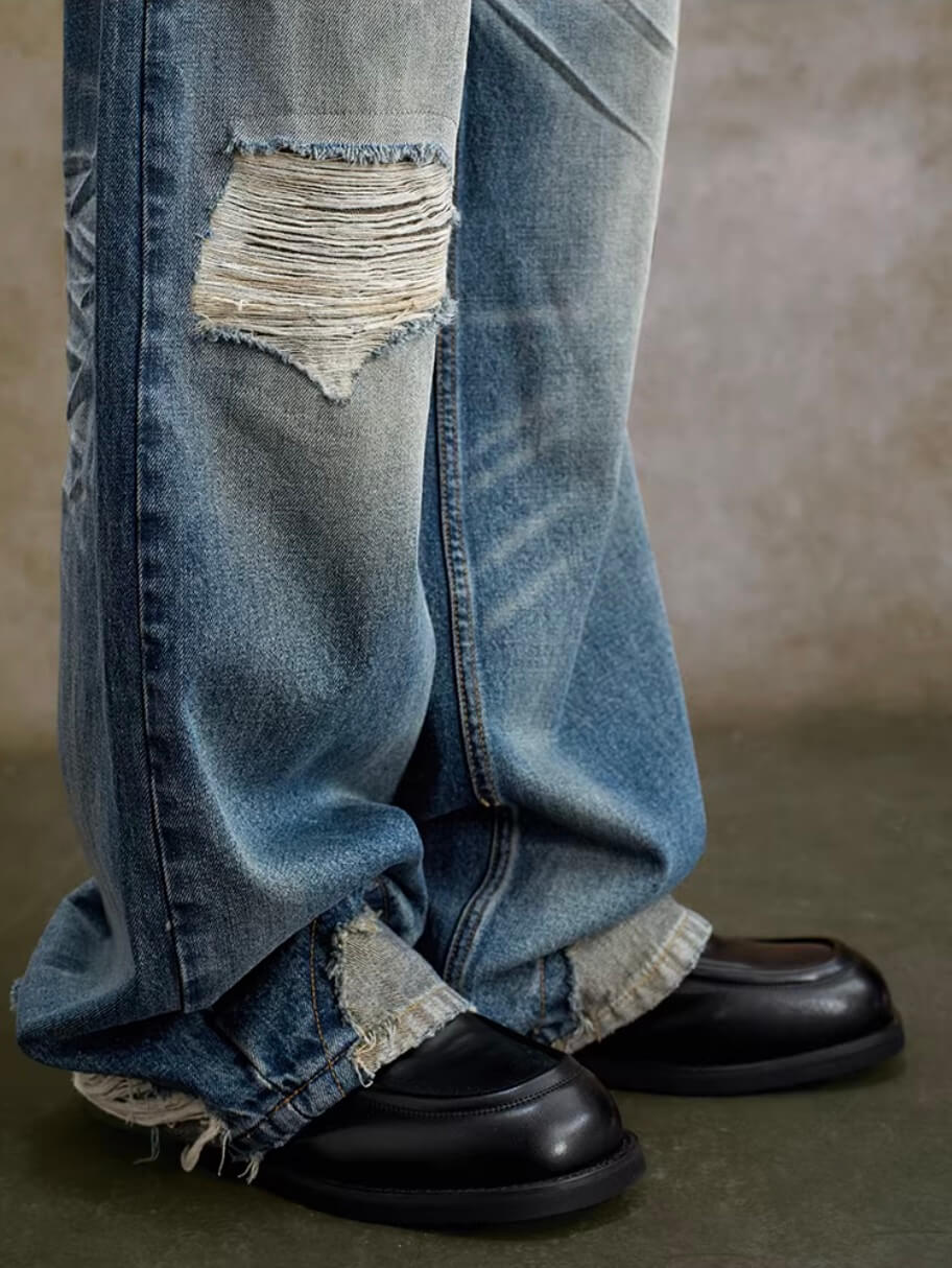 YADcrew Scorched Embroidery Washed Distressed Whisker Jeans | Face 3 Face