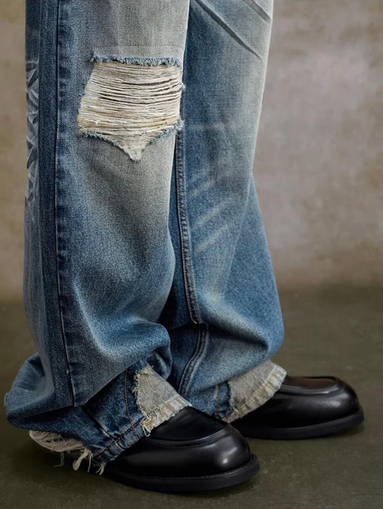 YADcrew Scorched Embroidery Washed Distressed Whisker Jeans | Face 3 Face