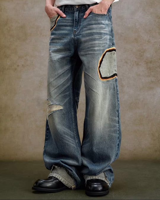 YADcrew Scorched Embroidery Washed Distressed Whisker Jeans | Face 3 Face