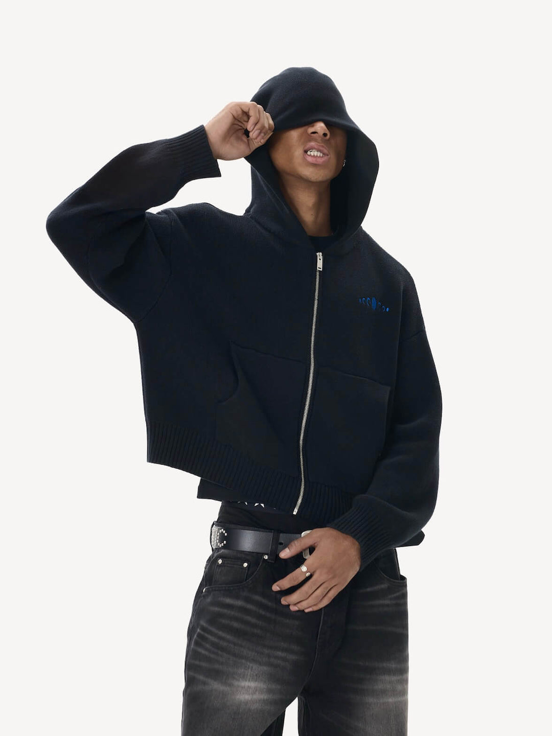 KARMANISTIC Embroidered Zip Up Knit Hoodie | Face 3 Face