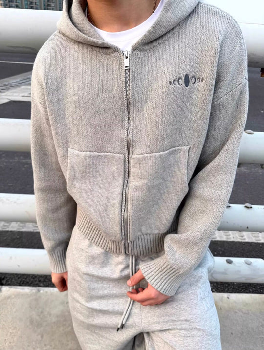 KARMANISTIC Embroidered Zip Up Knit Hoodie | Face 3 Face