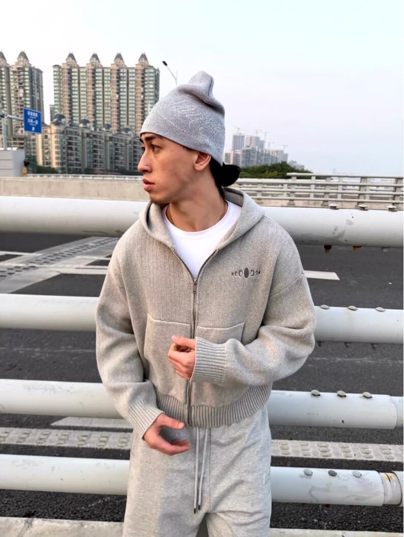 KARMANISTIC Embroidered Zip Up Knit Hoodie | Face 3 Face