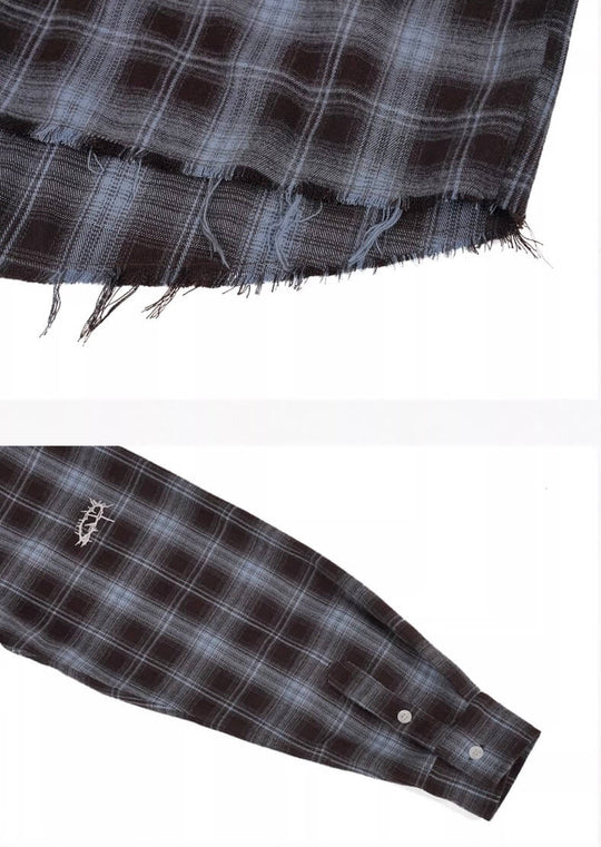 UNDERWATER Blue Brushed Plaid Raw Hem Long Sleeve Flannel Shirt | Face 3 Face