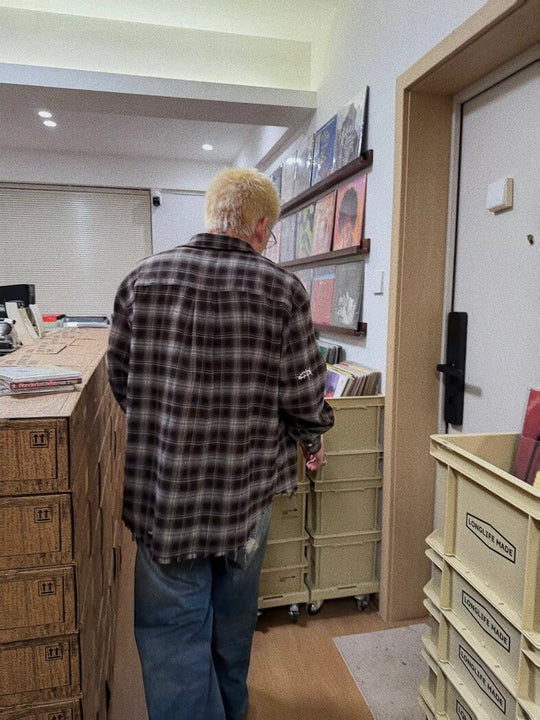 UNDERWATER Brown Brushed Plaid Raw Hem Long Sleeve Flannel Shirt | Face 3 Face