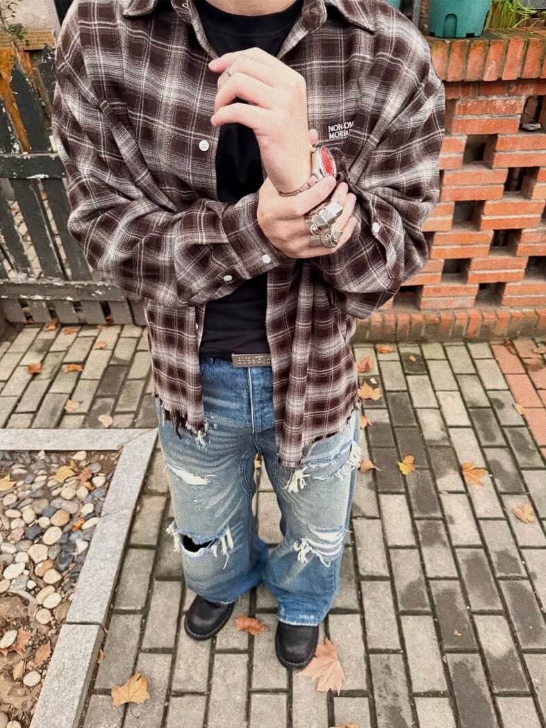 UNDERWATER Brown Brushed Plaid Raw Hem Long Sleeve Flannel Shirt | Face 3 Face