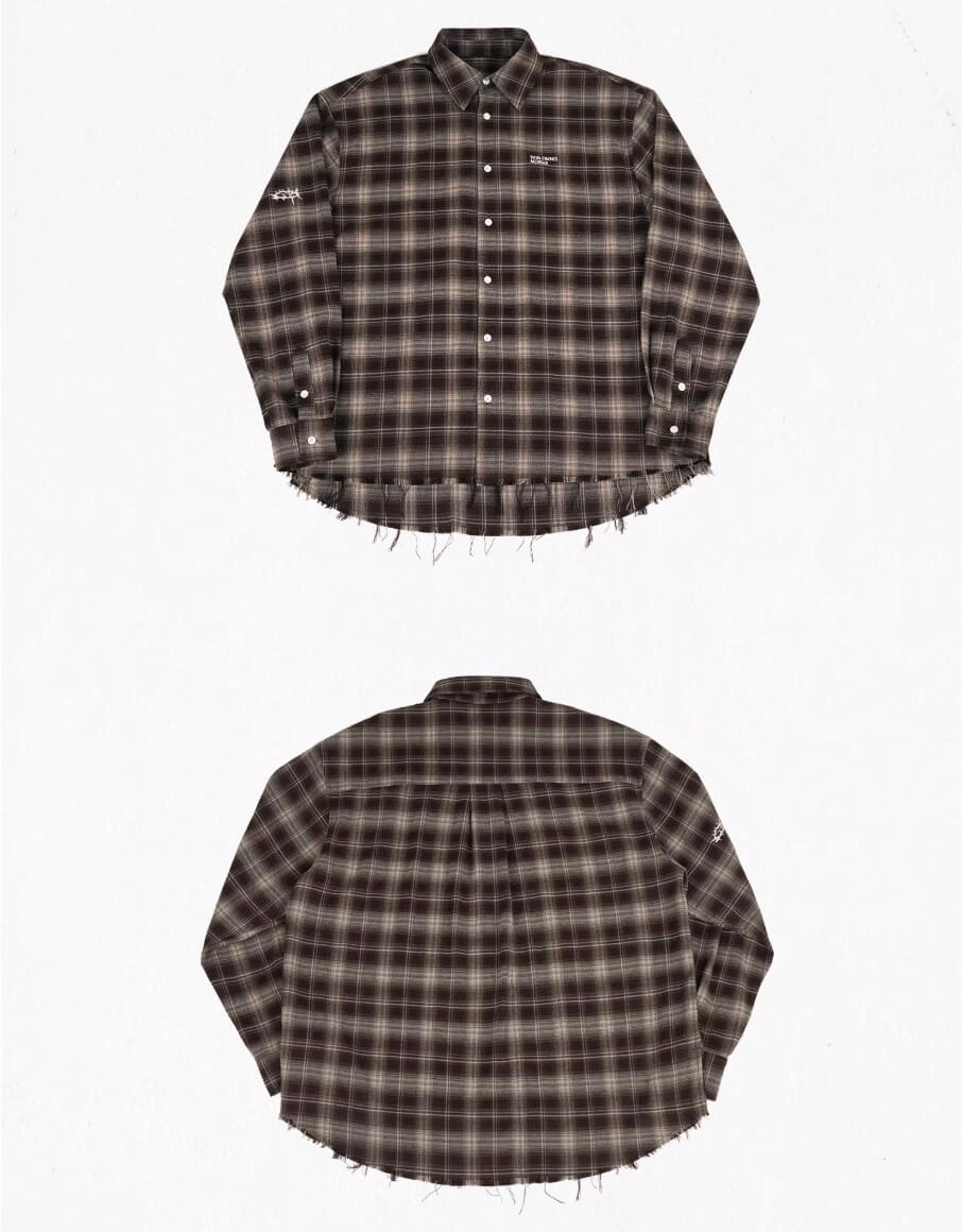 UNDERWATER Brown Brushed Plaid Raw Hem Long Sleeve Flannel Shirt | Face 3 Face