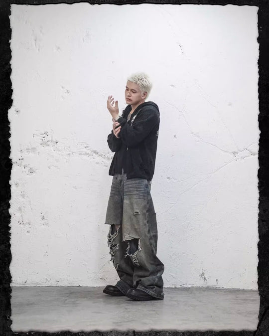 UNDERWATER Winged Devil Bone Jacquard Distressed Knit Zip Up Hoodie | Face 3 Face