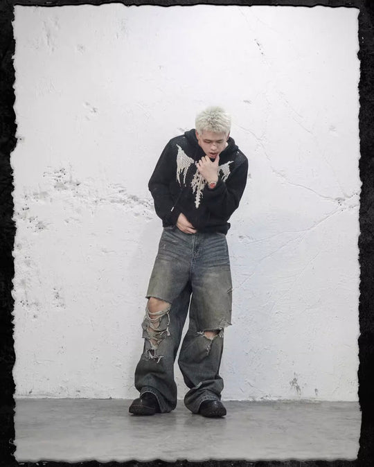 UNDERWATER Winged Devil Bone Jacquard Distressed Knit Zip Up Hoodie | Face 3 Face