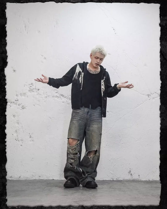 UNDERWATER Winged Devil Bone Jacquard Distressed Knit Zip Up Hoodie | Face 3 Face