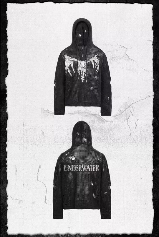 UNDERWATER Winged Devil Bone Jacquard Distressed Knit Zip Up Hoodie | Face 3 Face