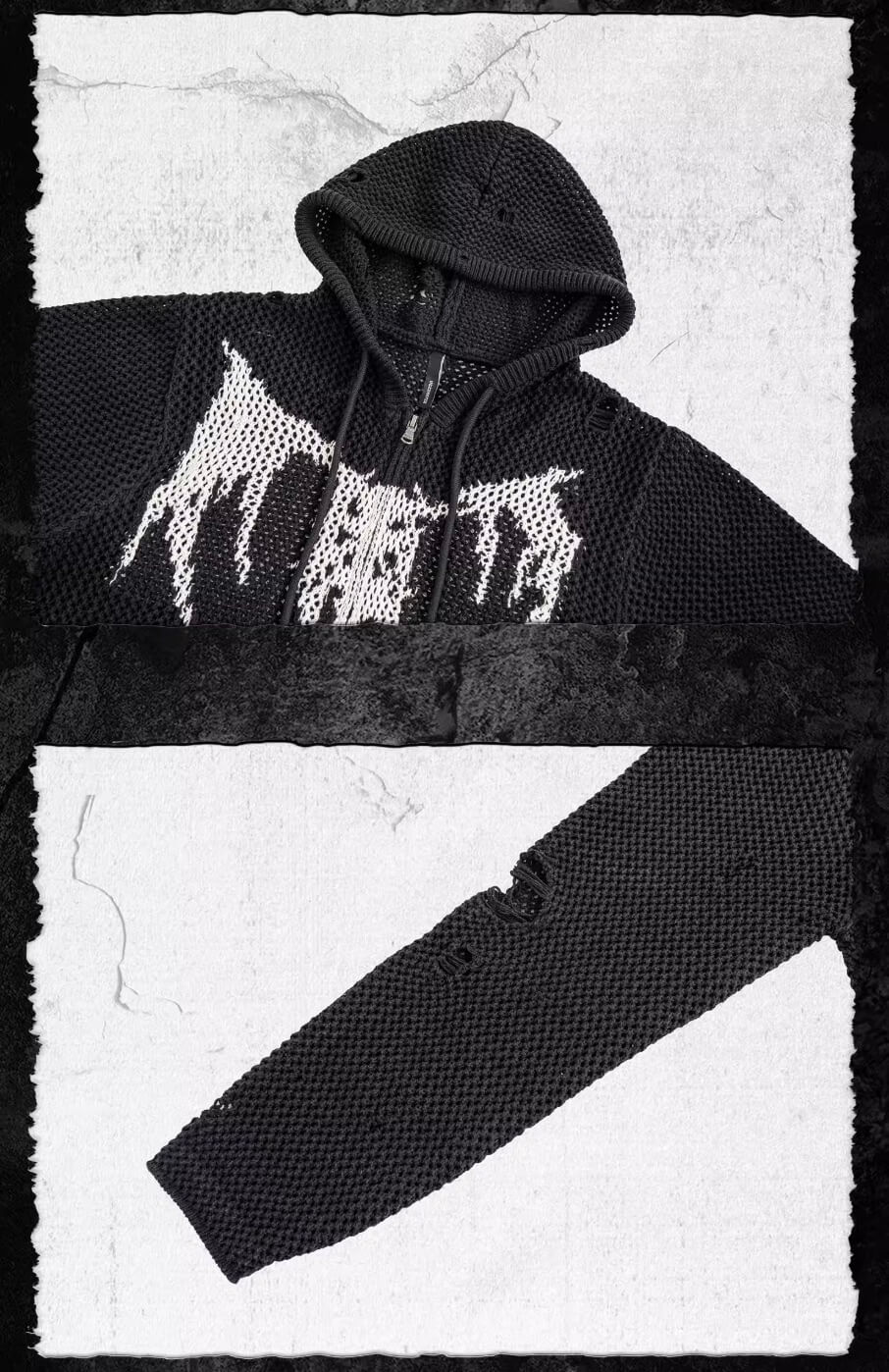 UNDERWATER Winged Devil Bone Jacquard Distressed Knit Zip Up Hoodie | Face 3 Face