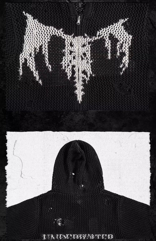 UNDERWATER Winged Devil Bone Jacquard Distressed Knit Zip Up Hoodie | Face 3 Face