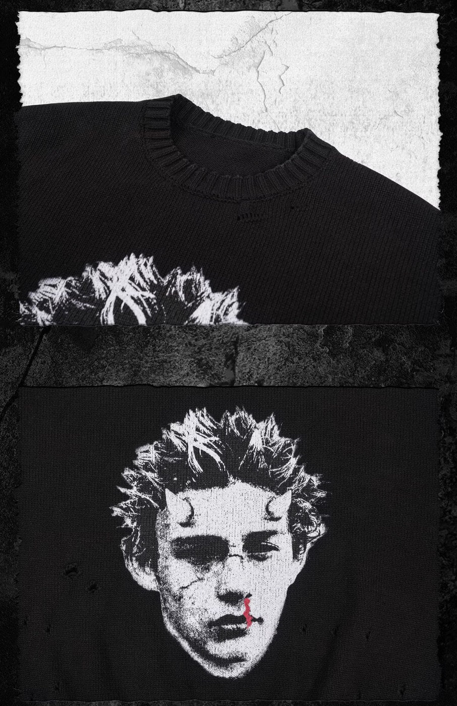 UNDERWATER Demon Digital Print Distressed Knit Sweater | Face 3 Face