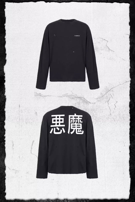 UNDERWATER Black Demon Print Distressed Long Sleeve Tee | Face 3 Face